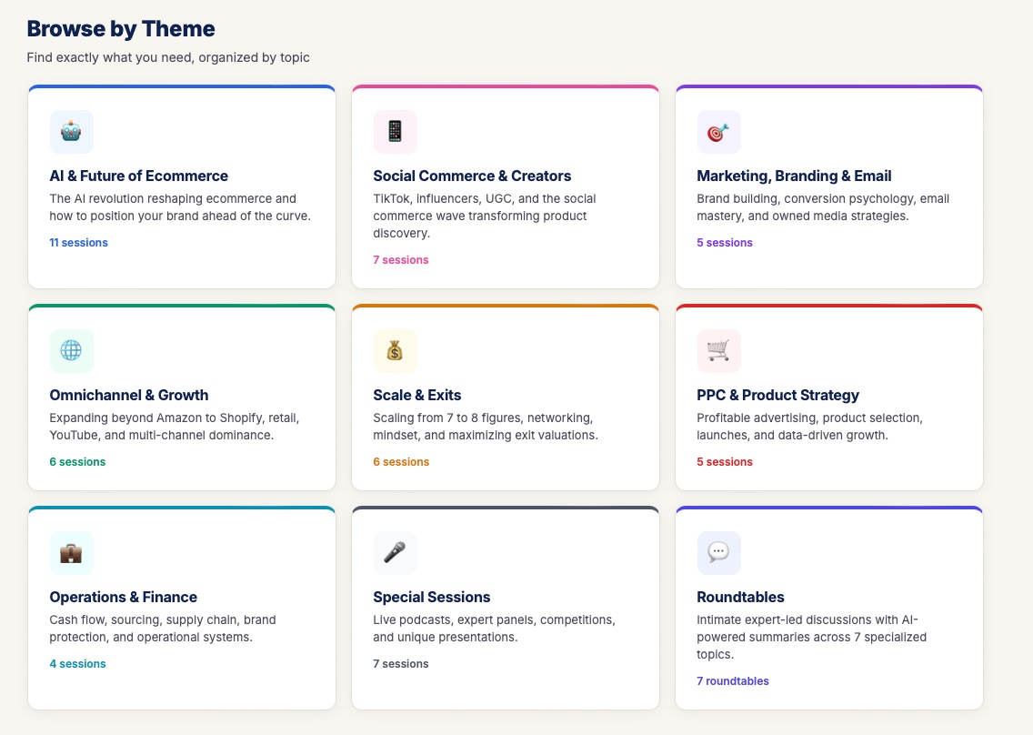 Browse by Theme — AI & Future of Ecommerce, Social Commerce, Marketing, Omnichannel, Scale & Exits, PPC, Operations, Special Sessions, Roundtables
